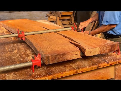 Restoring Cracks in Wood Panels to Create a Beautiful Table Using Natural Red Wood